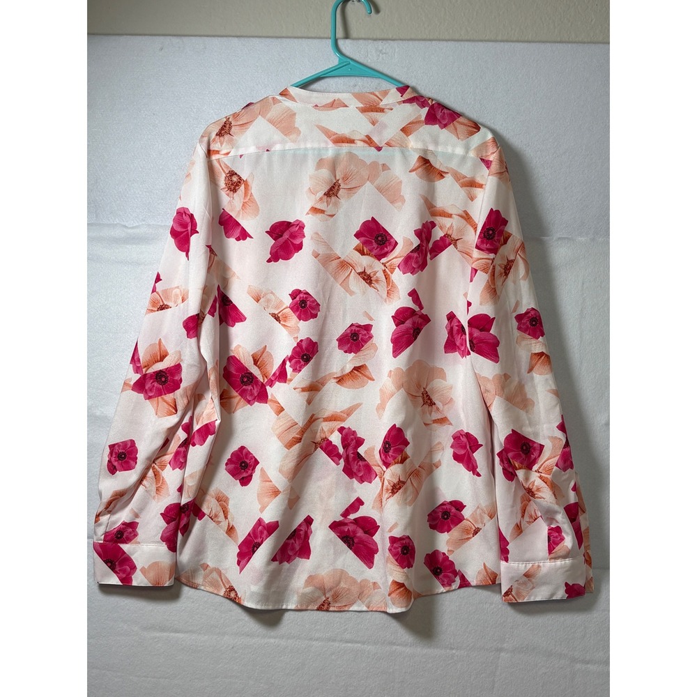 Calvin Klein Women Pink Floral Geometric Roll Tab Sleeve Button Up Blouse L - Picture 3 of 8